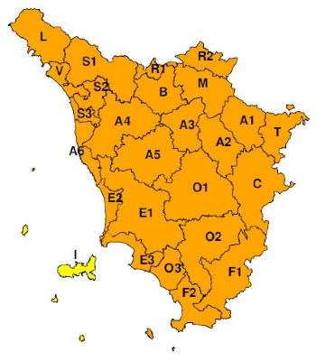 Zonwe di allerta della Toscana